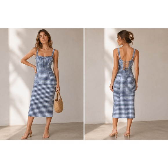 Free People Dresses & Skirts - Free People Lucinda Gingham Corset Midi Dress M Blue White Smocked Cottage Boho